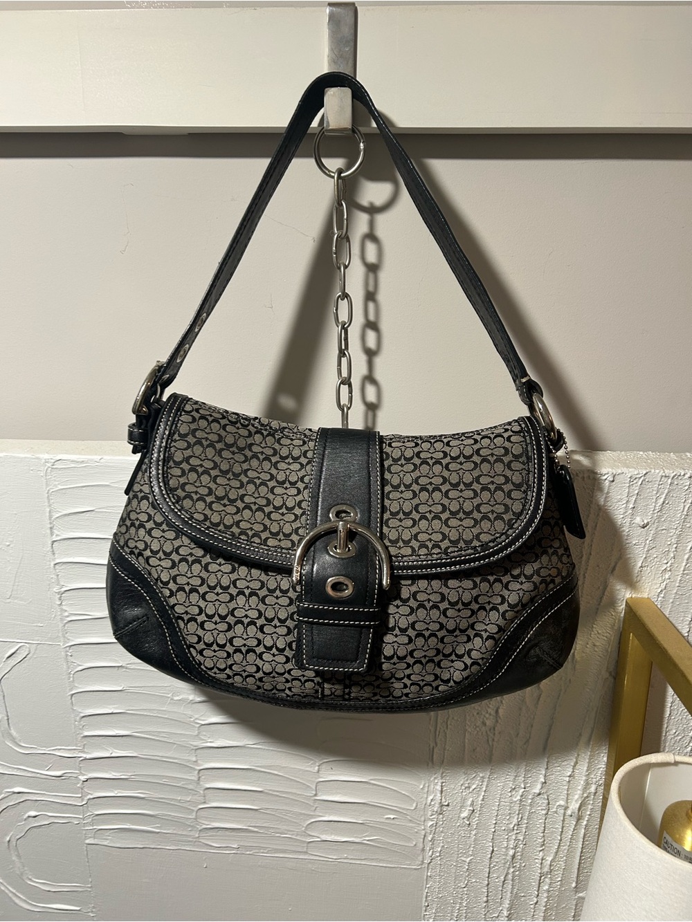Vintage Coach Soho F10925 Black Gray Mini Signature Buckle Flap Shoulder Bag Y2K